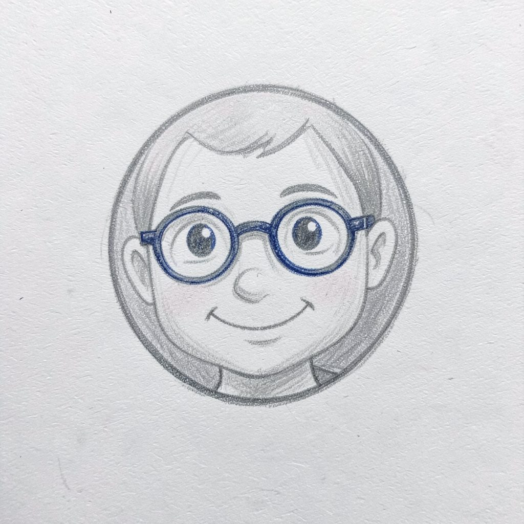 A graphite pencil sketch of a small round portrait in soft gray tones, a friendly cartoon face with glasses and a slight grin
