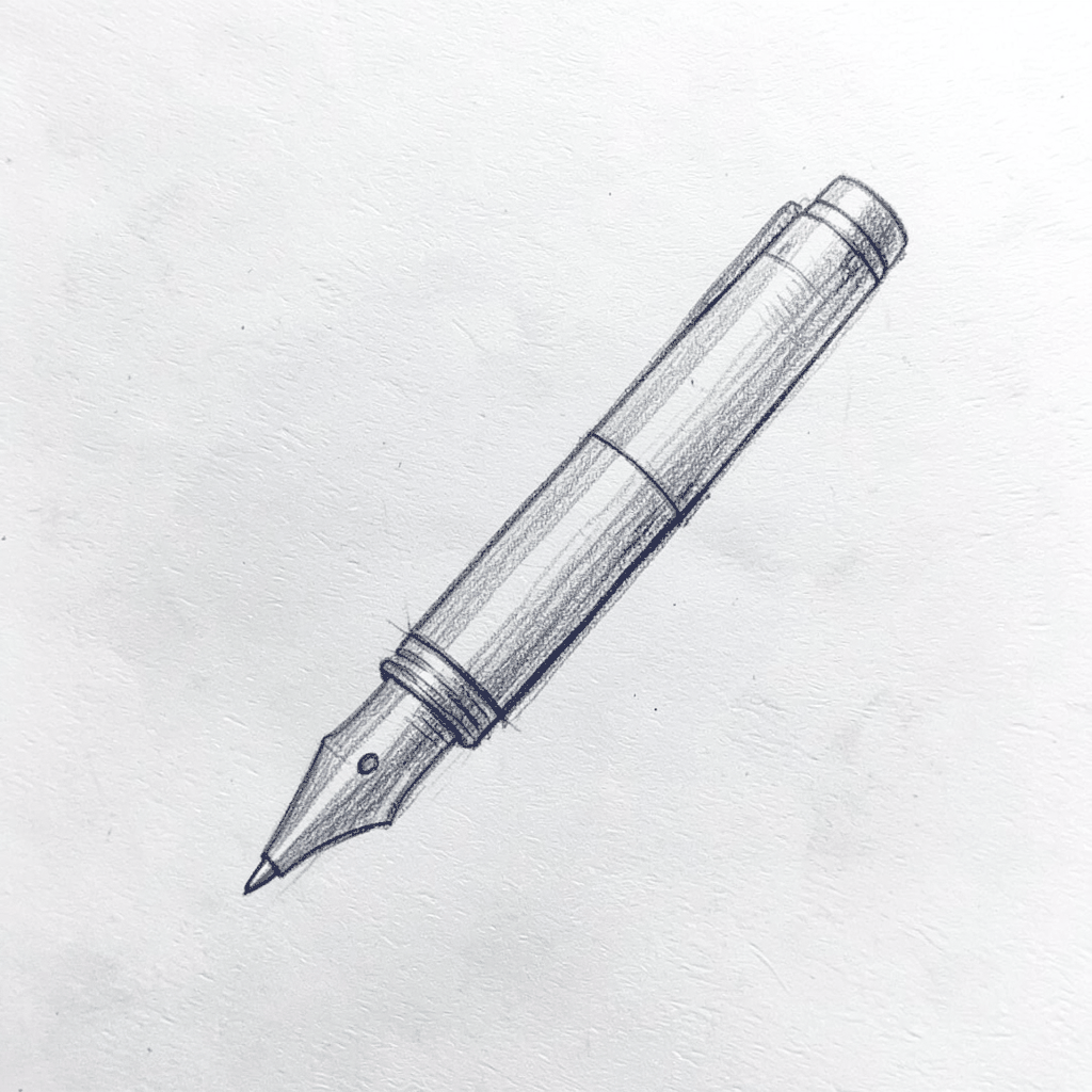 Graphite pencil sketch of a simple ink pen and comic panel outline, loose hatching, monochrome gray on white
