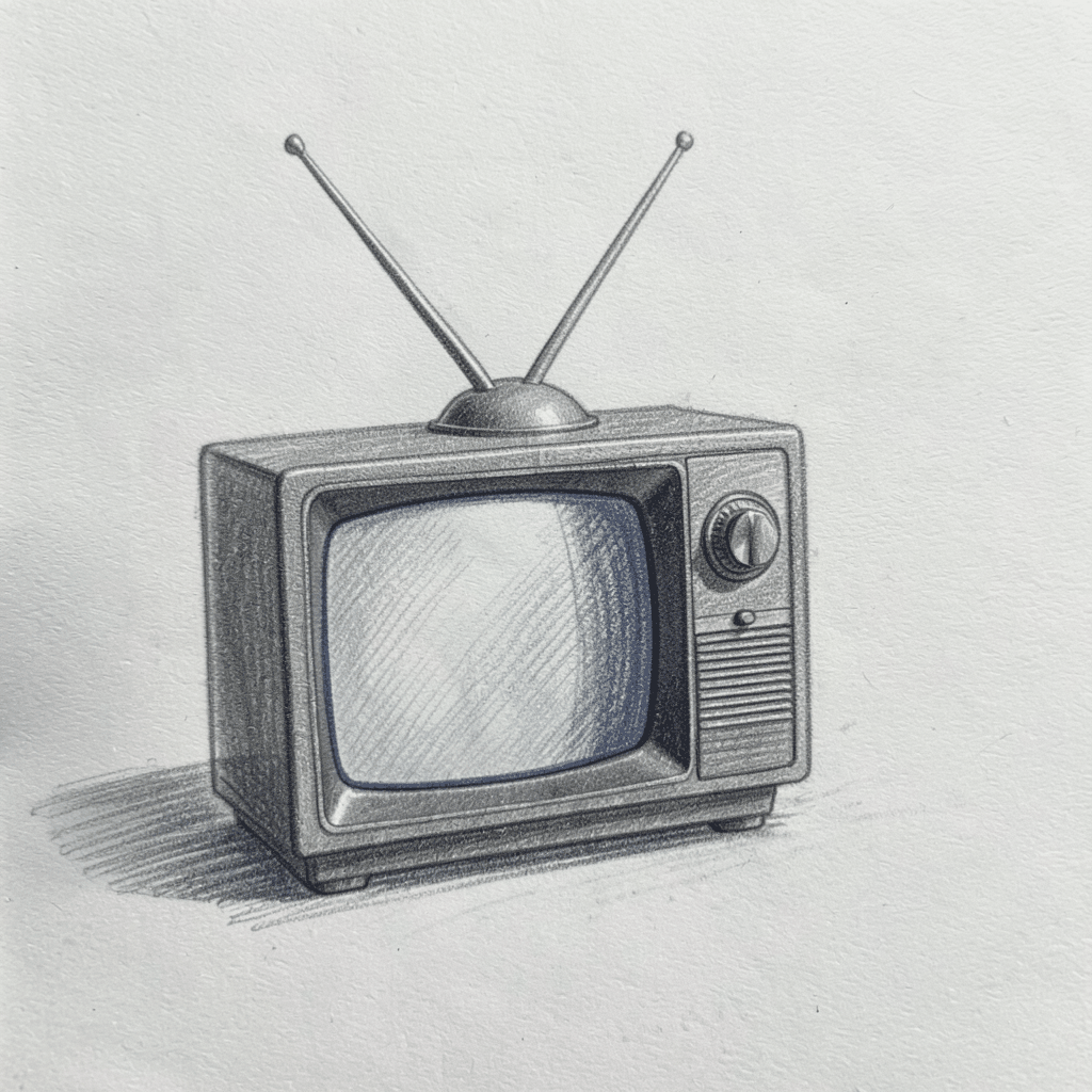 Graphite pencil sketch of an old-fashioned television set with rabbit-ear antennae, cross-hatched shadows, muted charcoal grey tones