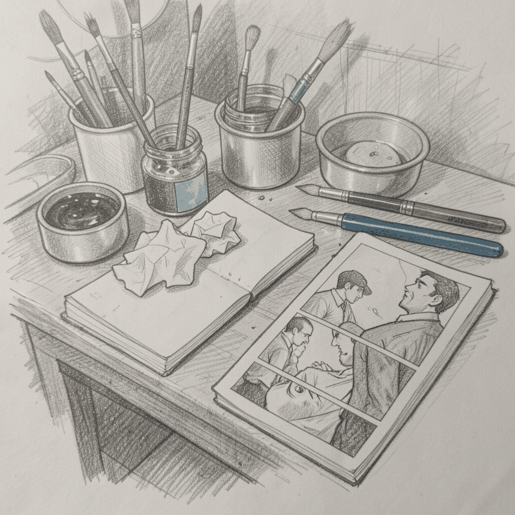 A graphite pencil sketch of a cartoonist's desk cluttered with ink pots, brushes, crumpled paper, and a half-finished comic panel