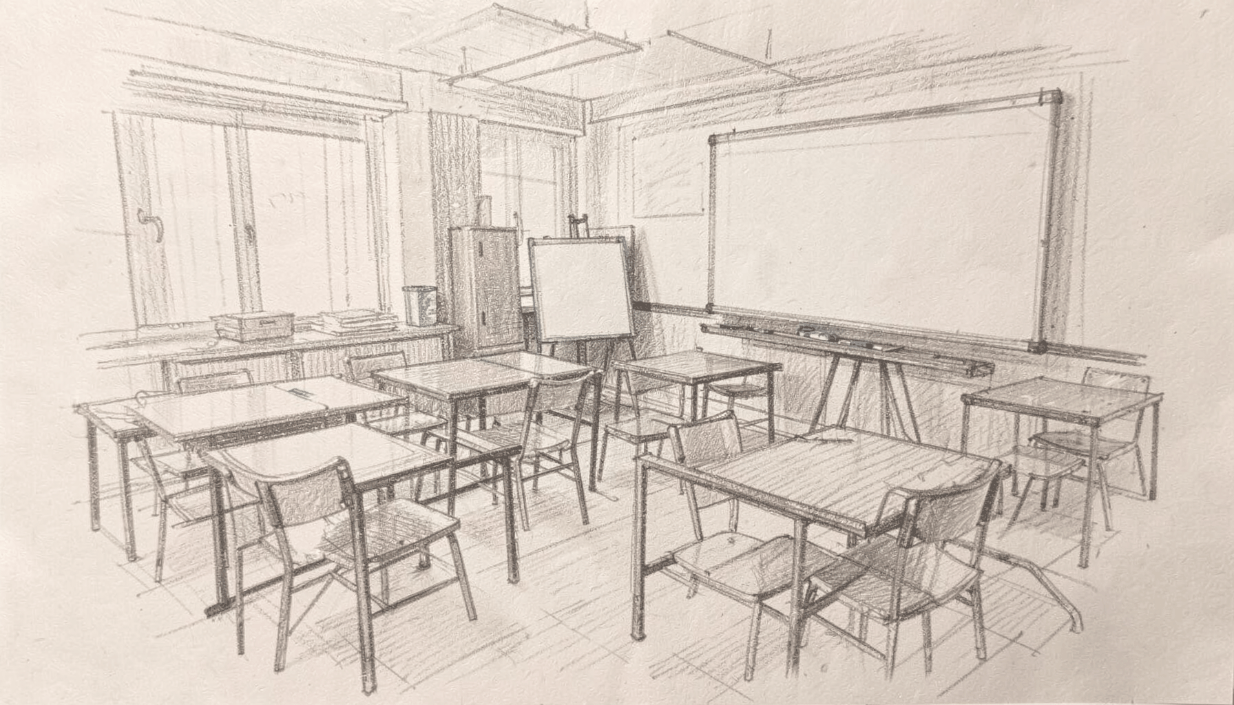 Graphite pencil sketch of a classroom or workshop setting with tables, chairs, and a whiteboard on an easel, loose sketchy lines and soft gray shading
