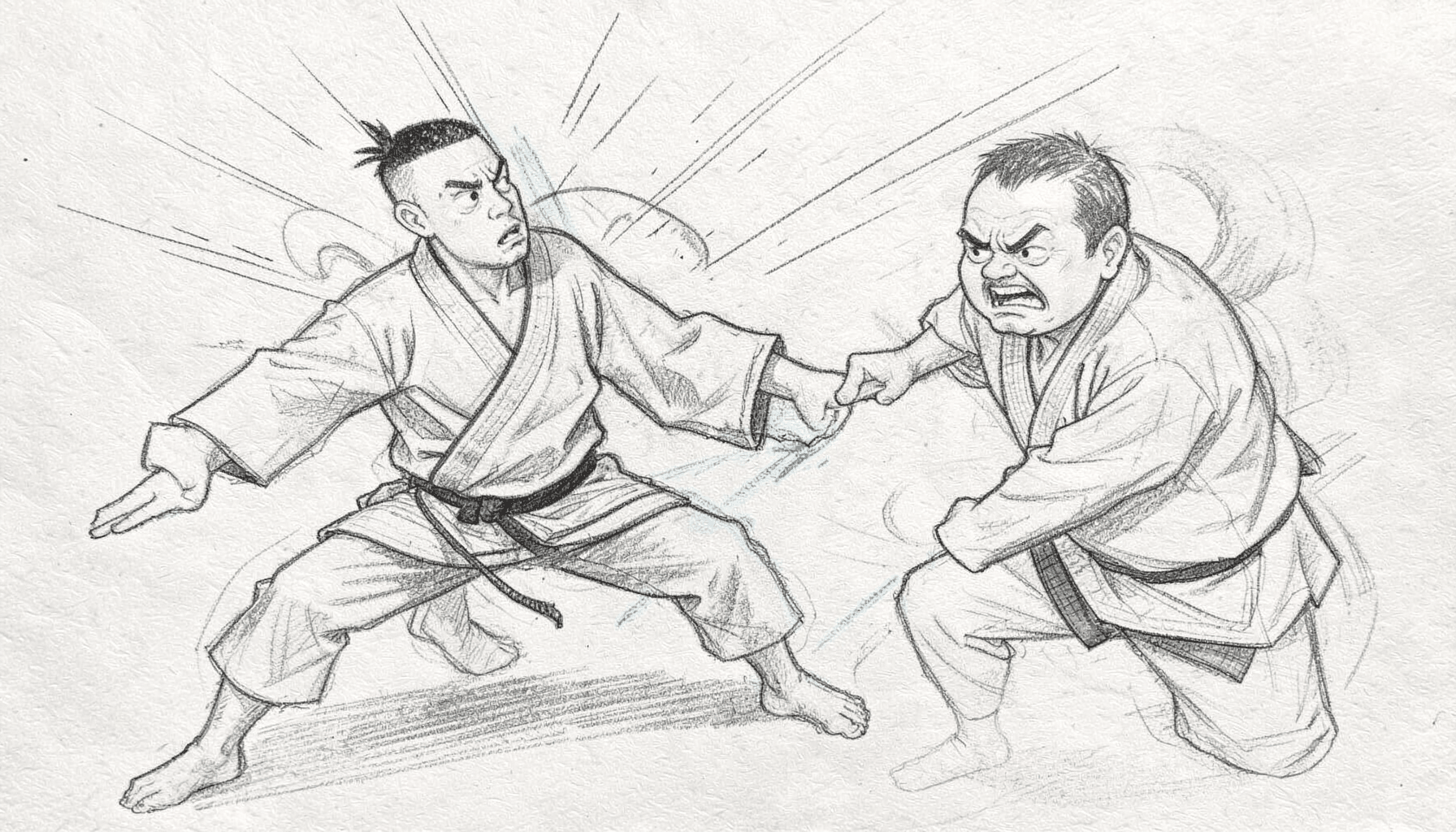 Graphite pencil sketch of a martial arts student in an exaggerated kung-fu pose, with motion lines and a bewildered opponent nearby