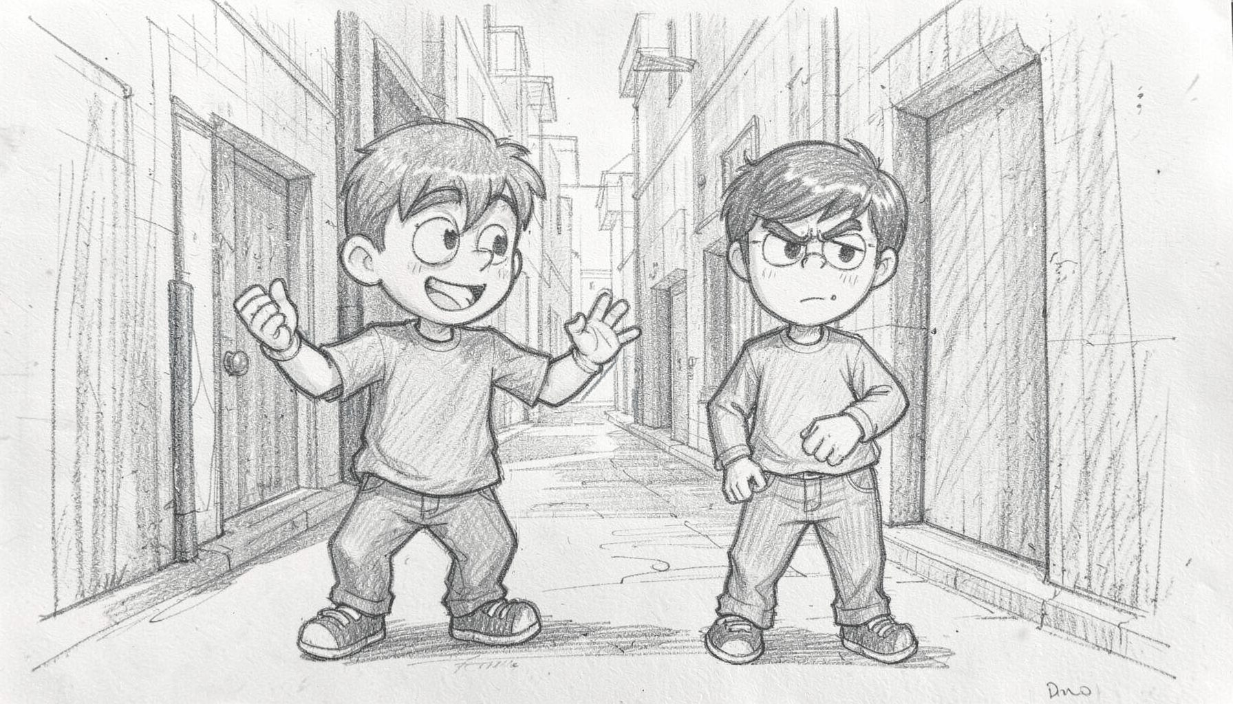 Graphite pencil sketch of two cartoon brothers in a sparse urban alley, one gesturing wildly while the other looks unimpressed