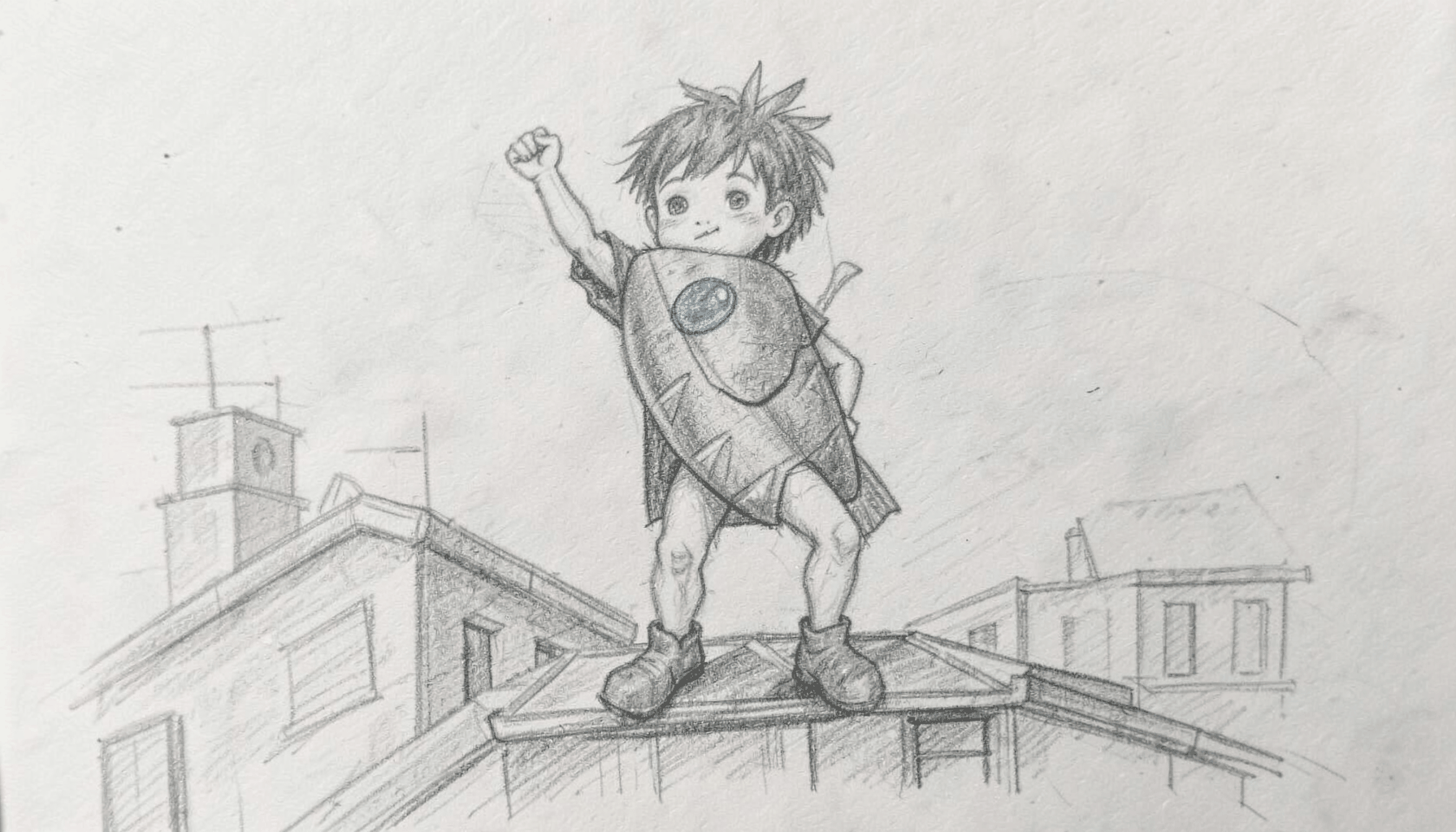 Graphite pencil sketch of a scrawny kid in a homemade carrot-shaped superhero costume striking a wobbly pose on a rooftop
