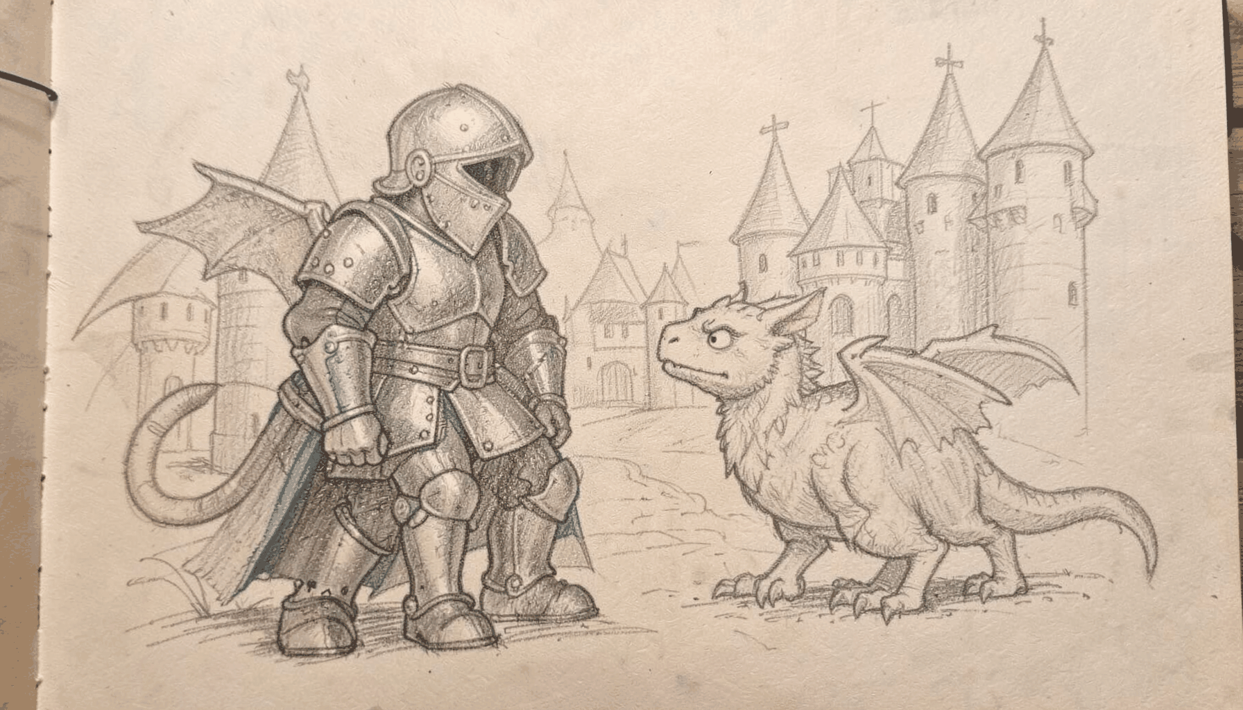Graphite pencil sketch of a knight in slightly dented armour facing a small, unimpressed dragon, castle turrets in the background