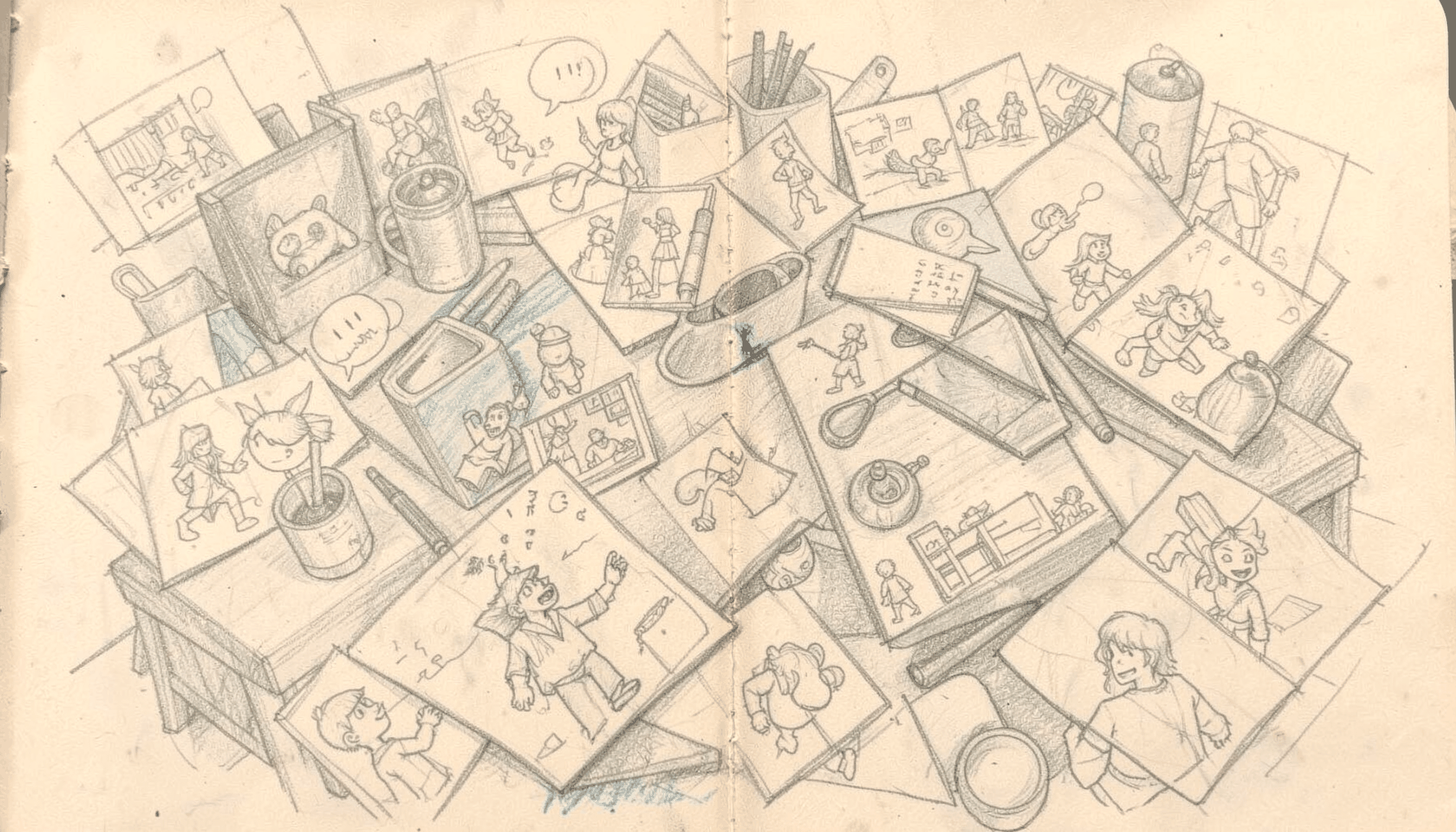 Graphite pencil sketch of a cluttered cartoonist's desk with scattered comic panels, speech bubbles, and character doodles