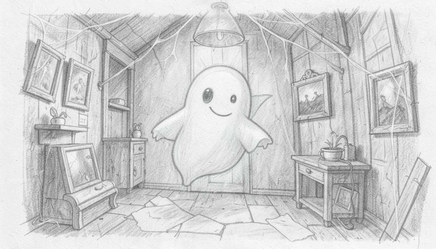 Graphite pencil sketch of a cheerful little ghost floating through a creaky haunted house, cobwebs and crooked picture frames